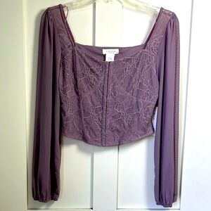 Kirious L.A Lavender Long Sheer Sleeves Feminine Lace Coquette Crop Top Blouse L